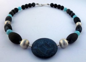 Sterling silver necklace with black and blue agates