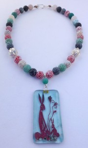 Sterling silver necklace multi-coloured crackled agate and fused glass rabbit pendant