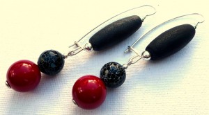 Matte and crackled agate plus red lacquered white coral earrings