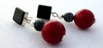 Onyx, crackled agate, and red lacuered white coral earrings