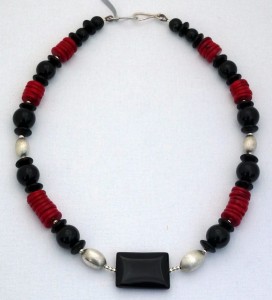 Sterling silver, black onyx, and red coral necklace