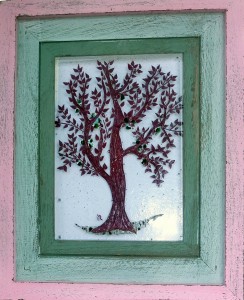 Fused glass apple tree with green apples in distressed wood frame