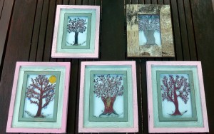 Five fused glass trees framed