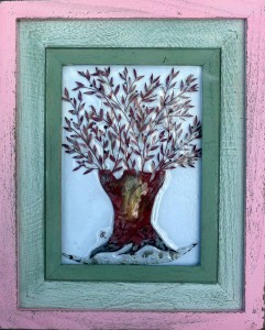 Fused glass olive tree in distressed wood frame