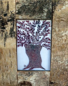 Fused glass olive tree in bark frame