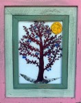 Fused glass plum tree in distressed wood frame