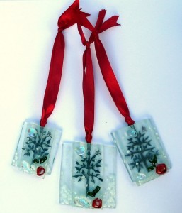Three fused glass red apple trees (frosted) as pendants