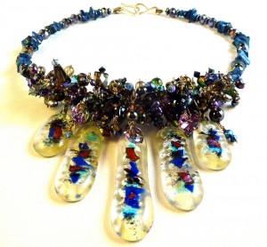 Necklace blue beads, 5 glass pendants