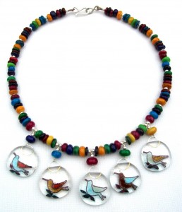 Necklace, dyed Mother of Pearl, nesting birds pendants