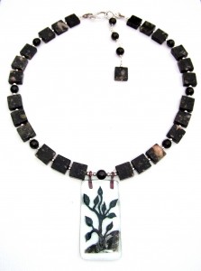 Necklace, jaspers sp stone, bush fused glass pendant
