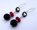 Dangling fused-glass heart earrings with red coral and onyx