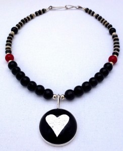 Large fused-glass heart pendant beaded necklace
