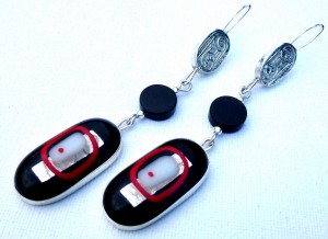 Dangling sterling silver earrings with handmade silver cabochon, onyx bead and a fused-glass pendant