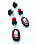 Dangling sterling silver earrings with onyx and coral beads and a fused-glass pendant