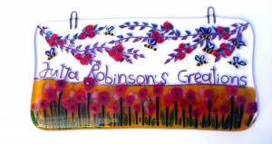 Glass decorations with poppy field, bees and apple branches with text (large)